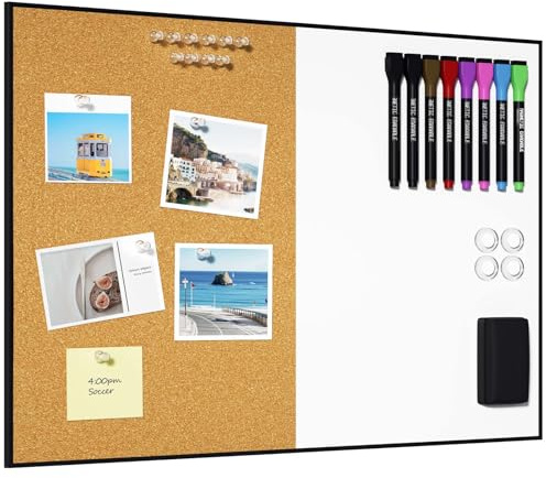 Whiteboard- und Korktafel-Kombination, 45 x 60 cm große, abwischbare Korktafel mit Magnetfunktion für die Wandmontage, Visionboard für Zuhause, Büro und Schule