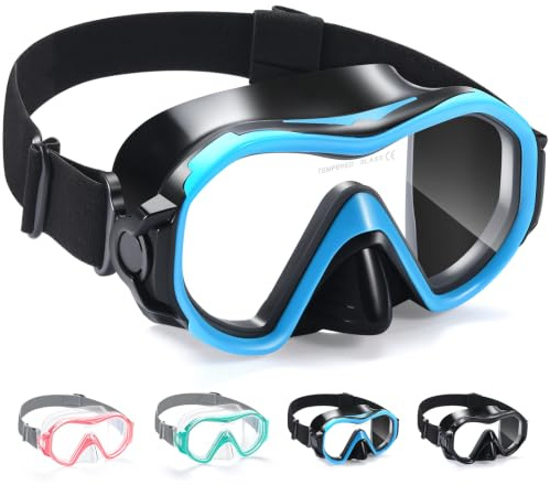 Supertrip Maschera subacquea per adulti con protezione nasale, maschera da nuoto con cinturino regolabile e vetro temperato HD 180°, occhialini da nuoto per uomini, donne e ragazzi