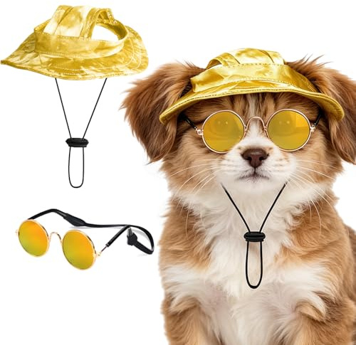BSITSSS Hundemütze mit Ohrlöchern, Gelb Hundebrille mit Rutschfestem Silikonband, Sonnenschutz Hut mit Sonnenbrille Hund für Welpen Katzen Foto-Requisiten Sommer
