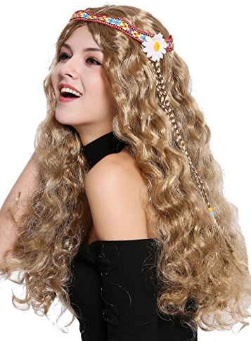 WIG ME UP - 91298-ZA7 Perücke Damen Herren Karneval Halloween Blumenkind Hippie 60er 70er lang Hell Braun wellig Mittelscheitel Stirnband Blume