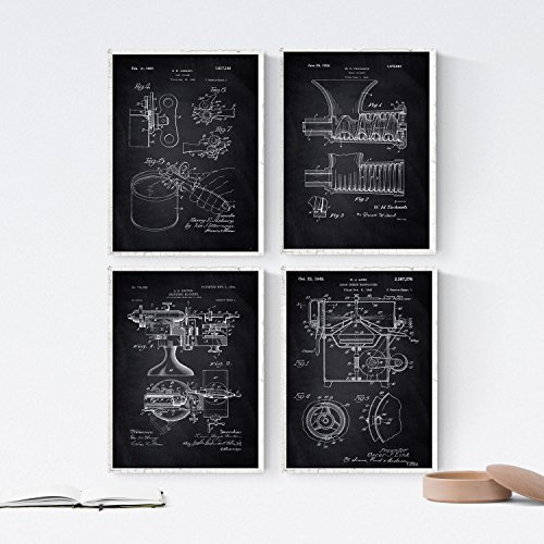 Nacnic Schwarz Küche Patent Poster 4-er Set. Vintage Stil Wanddekoration Abbildung von Küchenutensilien und Haushaltsgeräte. Verschiedene geometrische Alte Erfindungen Bilder ohne Rahmen. Größe A4.