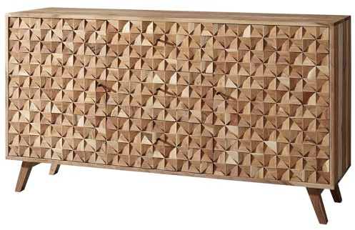 FineBuy Sideboard 140x40x78,5 cm Akazie Massivholz | Kommode im Landhausstil mit Design-Front, Anrichte aus Echtholz mit viel Stauraum, handgefertigtes Unikat