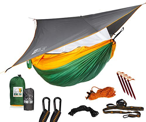 Ryno Tuff Camping Hammock with Mosquito Net And Rain Fly - Double Hammock with Bug Net and Tarp, Reinforced Not to Tear But Still Lightweight, Extra Pocket, Safe Tree Straps, and Heavy Duty Carabiners