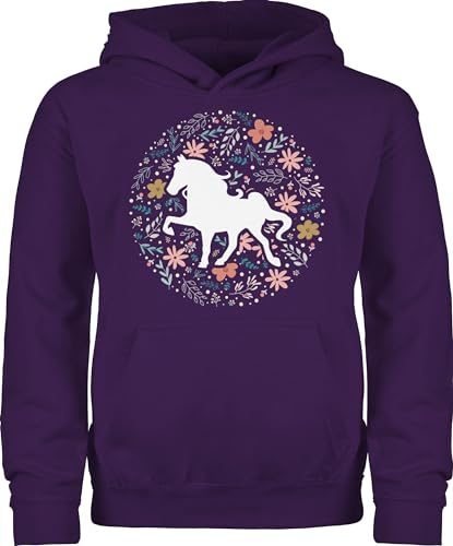 Kinder Hoodie Jungen Mädchen - Pferde - Pferd mit Blumen - 140 (9/11 Jahre) - Lila - pferdepullies pferdepullover reiten horses pullover reitbekleidung reithoodies pferdeliebhaber tiermotiv pulli