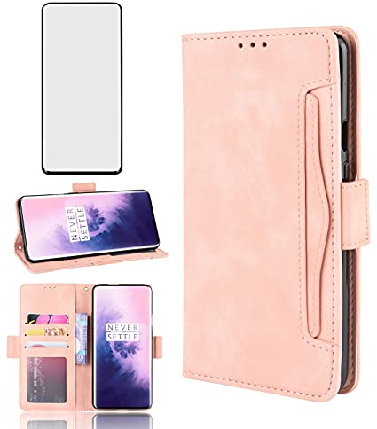 Asuwish Funda para OnePlus 7 Pro con Cristal Templado Protector Pantalla Vidrio Pelicula Protectora Libro Cuero Piel Tarjetero Soporte 7Pro GM1913 Tapa Carcasa Capa Case Hombre Mujer Oro Rosa