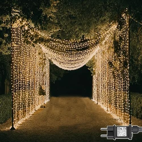 Dekofun Lichterketten Vorhang 600 LED 6m x 3m Lichtervorhang Aussen mit Timer und Stecker, 8 Modi Wasserdichte Lichterkette Wand für Außen Garten Fenster Hochzeit Weihnachtsdekoration - Warmweiß