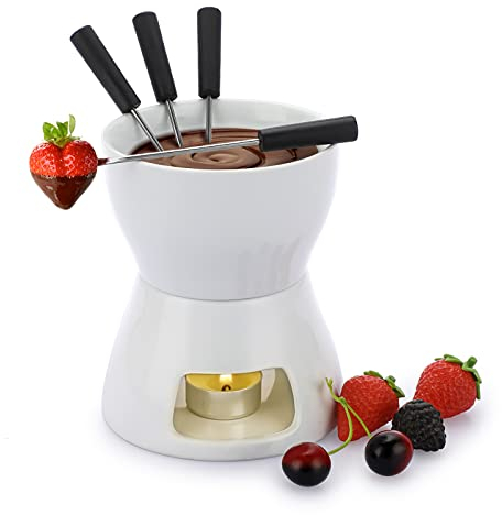 SUMNACON Set di pentole al cioccolato in ceramica con 4 forchette per fonduta di formaggio per cioccolato, formaggio, fonduta, cena in famiglia, dessert, picnic, feste di vacanza, bianco