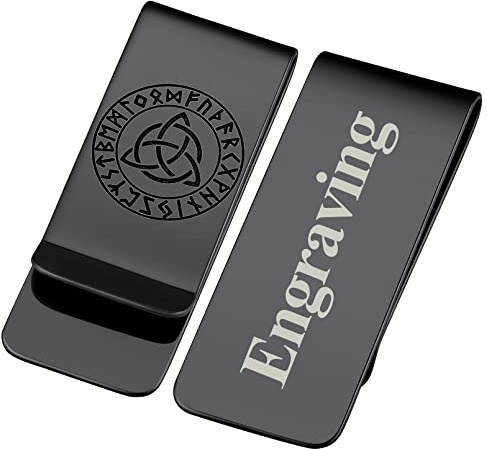 FaithHeart Schwarz Geldclip für Scheine Wikinger Valknut Geldscheinklammer mit Rune 22mm breit Geldklammern mit Gravur für Papa Freunden