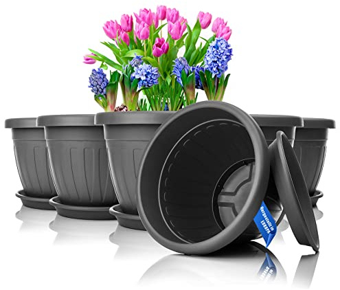 BigDean 6X Blumentopf mit Untersetzer rund ø33xH25 cm anthrazit | Wetterfester Pflanzkübel - Wasserablauf UV-beständig aus bruchsicherem Kunststoff - Innen + Außen geeignet - Made in Europe