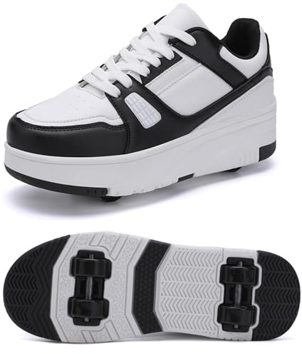 XRDSHY Schuhe mit Rollen für Jungen Mädchen, Skateboardschuhe Sportschuhe Turnschuhe Kinder Erwachsene, 2 in 1 Multifunktionale 4 Rollen Rollschuhe,Black-40 EU