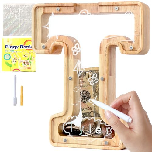 Lakpopya Personalisiert Spardose Kinder Jungen, Holz Sparschwein | Transparente Spardose mit Buchstaben A–Z für Kinder Mädchen Erwachsene mit Aufklebern und Filzstift, Taufgeschenk Dekoration