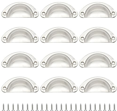 Hocansen 12 PCS Shell Cup Handles 81mm Metal Drawer Pull Handles Silver Shell Shape Handle Knobs Semicircle Cup Handle with Screws use for Wardrobe, Cupboard and Drawer (Silver/LS-BK)