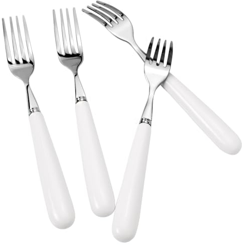 MEIYAHOME 4 tenedores de mesa de acero inoxidable 18/10 (mango de cerámica blanca creativa), tenedor de plato principal, tenedor de 4 dientes, tenedor de carne SUS304 (4)