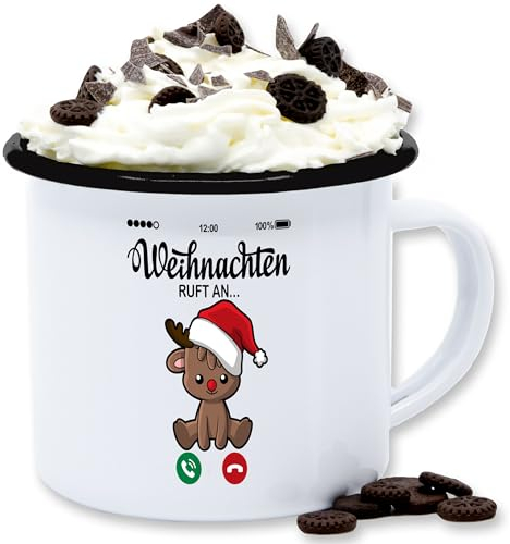 Emaille Tasse Blechtasse - Weihnachtstasse - Weihnachten ruft an mit süßem Rentier - 300 ml - Weiß Schwarz - weihnachtstassen christmas tassen weihnachtsbecher weihnachtsmotiv weihnachts teetasse