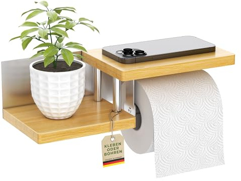 ElbFuchs® Toilettenpapierhalter Holz Bambus [KLEBEN oder Bohren] | hochwertiger Klopapierhalter ohne Bohren mit Ablage | Edelstahl | Klorollenhalter | WC Rollenhalter
