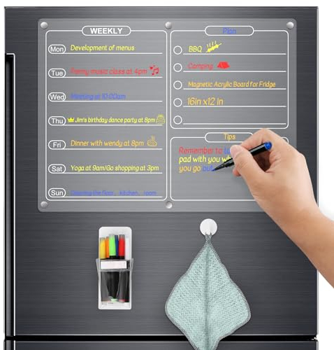 FUNYKICH 40x30cm Magnetisch Whiteboard Abwischbar Wochenplaner, Acryl Kühlschrank Magnettafel mit 6PCS Farben-Stift & Haken, Planungstafeln Haushaltsplaner Essenplaner für Zuhause, Arbeit und Schule