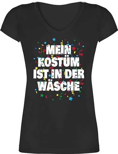T-Shirt Damen V Ausschnitt - Karneval & Fasching - Mein Kostüm ist in der Wäsche Konfetti I Fastnacht I Fasnacht I Fasnet - 3XL - Schwarz - faschingsshirt Faschings wäsche￼ Shirt