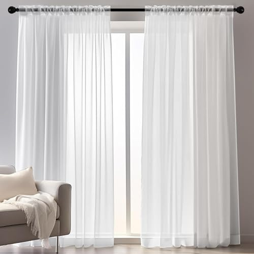 wiipara 2er Set Voile Gardinen Vorhang Weiß, Transparente Weiße Vorhänge Wohnzimmer Curtains aus Voile Polyester, Luftige Gardine Gardinenschals Dekoschal für Schlafzimmer, 132x215CM(BxH), Rod Pocket