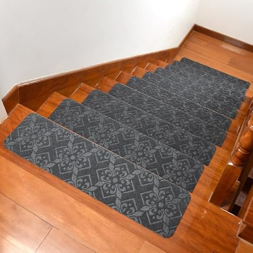 Hearda Treppenstufen Matten, 76x20cm Rechtwinklig Treppe Treppenteppich, Stufenmatten 9 stück, Treppenteppich Selbstklebend, Antirutschmatte Innenbereich Verhindert Ausrutschen (9pc,Grau)