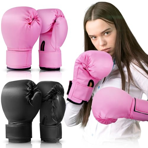 VercanMonth 2 Pairs Kids Boxing Gloves 6 oz, Toddler Boxing Gloves for 3-18 Years | PU Leather Youth Kickboxing, Muay Thai, MMA Sparring Punching Training | Gifts for Boys & Girls(Black, Light Pink)