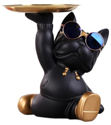 RuiDay Statua Del Bulldog Francese con Vassoio in Acciaio Inossidabile, Decorazioni Casa, Svuotatasche, Svuota Tasche da Ingresso Design, Porta Caramelle, Chiave Portaoggetti (Nero)