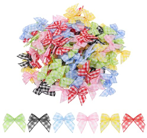 QUARKZMAN 120 Stück Mini Schleifen 25mm Karierte Stoff-Satinband Klein Weihnachtsschleifen Vintage Bogen zum Basteln DIY Haar Geschenk Nähen Hochzeit Geburtstag Weihnachtsdeko, 6 Farben Set
