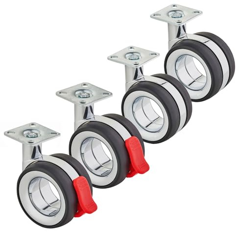 SOTECH 4er Set Möbelrollen Düsseldorf Ø 75 mm Höhe 98,5 mm, chrom/schwarz | 2x Lenkrollen, 2x Lenkrollen mit Bremse, Anschraubplatte 47 x 47 mm Premium Transportrolle für moderne Möbelstücke