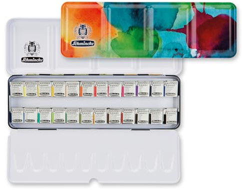 Schmincke – AKADEMIE® Aquarell Farbkasten, 24 x 1/2 Näpfchen, 75 502 097, Metallkasten, feine Künstler-Aquarellfarben