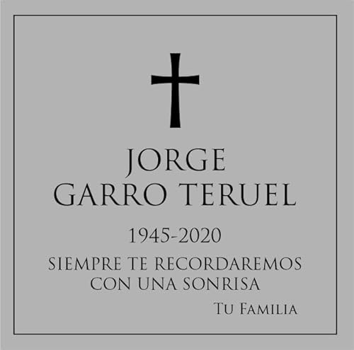 Placa funeraria de aluminio plateado grabado negro para exterior e interior grabada con láser para lápida, nicho o pared. Cinta doble cara ultra fuerte. (Diseño Cruz)