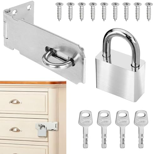 QOOSIKICC Padlock Hasp Kit, Deadbolt Lock Hasp with Padlock & Screws, Lock Device Security Hasp for Bedroom, Garden, Shed, Garage, Cabinet Door (Silver)