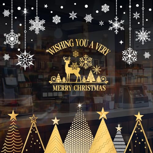 300 Pcs Large Christmas Window Stickers, Xmas Window Stickers Clings Reusable, Double Sided Window Sticker Christmas Scene for Shop Xmas Decorations with Snowflake,Reindeer,Tree for Glass Decals
