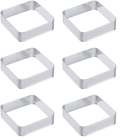 sourcing map 6 anillos cuadrados perforados para tartas, 2.8 x 2.8 pulgadas, de acero inoxidable, moldes de anillo de mousse para pasteles, postres, mousse, pasteles, pasteles, tono plateado