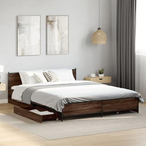AJJHUUKI Outdoor-Möbel Bettgestell mit Schubladen ohne Matratze Braun Eiche 150x200 cm King Size-Möbel