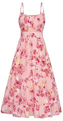 Sommerkleider Knielang Damen Vintage Kleid A-Linie ärmellos rückenfrei Cocktailkleid Casual Kleid Blumenmuster L Rosa Rote Blume