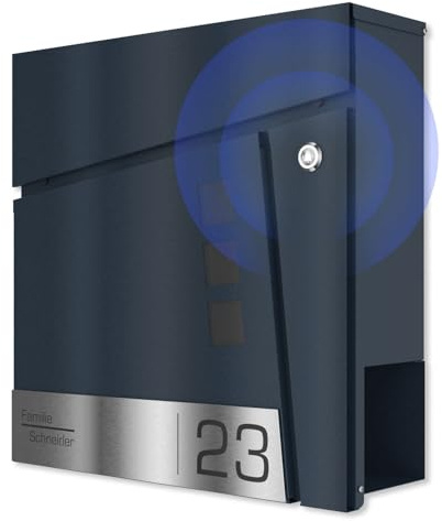 Graviers Design Briefkasten mit Funkklingel in Anthrazit RAL 7016 - Sichtfenster Postkasten personalisiert Edelstahl Gravur - Wandbriefkasten Briefbox mit Schloss Zeitungsfach