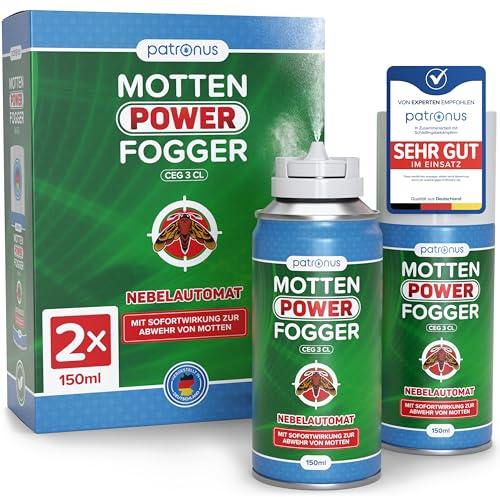 Patronus Motten Power Fogger mit maximaler Sofortwirkung [2x 150ml] | effektiver Vernebler gegen Motten, Kleidermotten & Lebensmittelmotten, für schwierig erreichbare Motten-Verstecke
