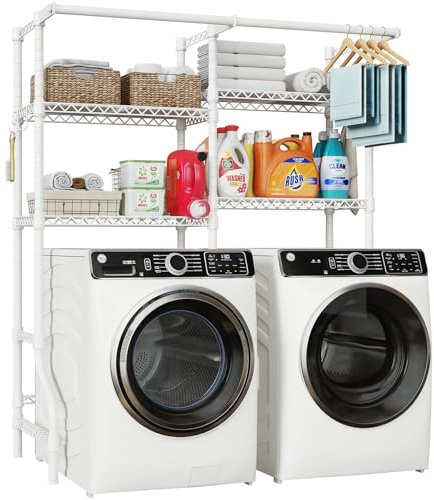 ULIFHOME U14 Over Washer and Dryer Storage Shelves, 4 Tiers Laundry Room Storage and Organizer System, Space Saving Clothes Drying Rack with 2 Clothes Hanger Rods, 66.5 W x 20.5 D x 77.4 H, White