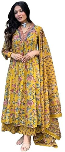 Sambhav Quilt Hub Dam Pure Block Tryck Bomull Handarbete V-ringad Kurta med byxor och Dupatta Set, gUL, XXL