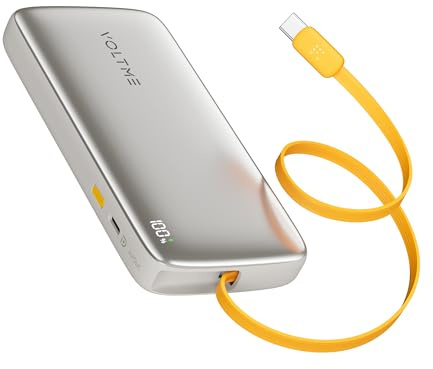 VOLTME Power Bank 10000mAh USB-C 38.5Wh, Charge Rapide Bidirectionnelle PD avec Câble Rétractable Intégré, Double Port USB-C, Écran LED, Batterie Externe Compacte pour Voyage et Avion