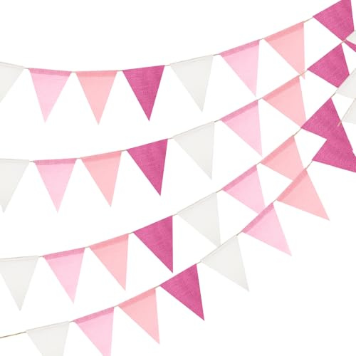 jijAcraft Wimpelkette Outdoor Wetterfest Rosa Weiß: 12 m Girlande Garten | 3 Stück Wiederverwendbar Wimpelgirlande mit 36 Wimpel für Balkon, Geburtstag, Babyparty