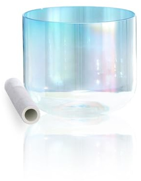 Klar klangskål i kristall, 15–18 cm, professionellt meditationsinstrument, stressavlastare för vuxna, utrustad med klappstänger och kuddar. (6 tum)