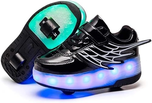 Unisex Barn Rullskridsko Skor Avtagbar Bli Sporttränare Usb-laddning Led Skor Dubbla Hjul Ungdom Flicka Utomhussporter Kors För Pojkar Flickor Hjul Skor, Black, 39 EU