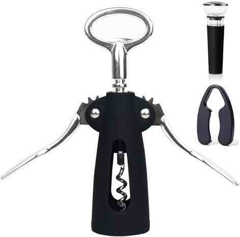 QONYFONE Wing Corkscrew Wine Opener, Premium Zinc Alloy Manual Bottle Opener, Heavy Duty Multifunctional Tool for Kitchen, Bar, Restaurant & Waiters (Black)