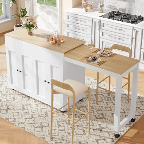 Moderner Ausziehbarer Bartisch mit Stauraum 118-180×50×94cm, Kücheninsel mit Arbeitsplatte und sechs Ablageflächen, Küchenwagen mit Rollen, Bistrotisch für Küche, Wohnzimmer, Esszimmer (Weiß)