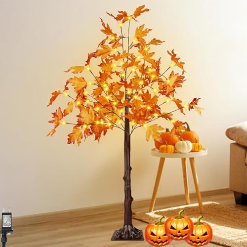 LOGT Feuilles d'érable LED Lampe Artificielle Lumière d'automne Lampe Arbre Lumières avec prise et câble Lampadaires d'intérieur et d'extérieur Arbre de Noël avec Éclairage Lumières Blanches,120cm