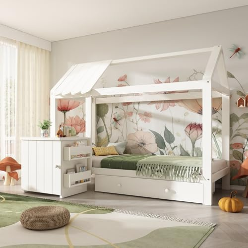 Yihomfy Hausbett Kinderbett 90x200 cm aus Massivholz mit Schubladen & abnehmbarem Nachttisch Bodenbett in Weiß und Eichenweiß ohne Matratze (Weiß)