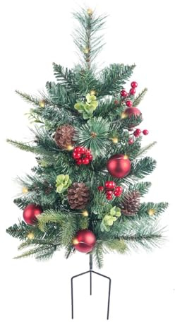Outdoor Pathway Christmas Trees with Lights, 29.5in Prelit Battery Operated Artificial Xmas Tree Holiday Décor for Porch, Urn & Planter Filler, Red Berries, Pine Cones, Ball Ornaments (A)