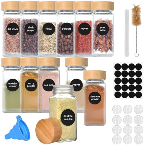 12 Piezas Botes Especias Cristal con Tapa Madera de Rosca, 120ml Frascos Especiarias Vidrio, Spice Jars Especieros Tarros Herméticos Cuadrados Incluye Tamiz, Etiquetas, Bolígrafos, Embudo, Cepillo​