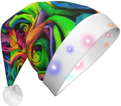 JEJEA Weihnachtsmütze mit buntem Rosen-Druck, für Erwachsene, LED, Weihnachtsmütze mit Lichtern für Damen und Herren, Neujahrsparty-Zubehör