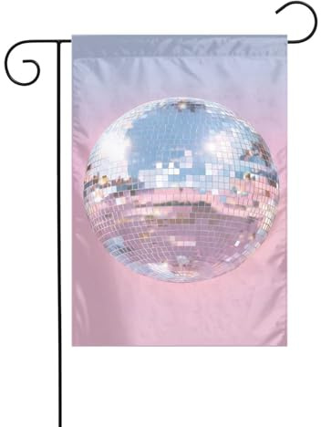 Bandiera da giardino con sfera da discoteca su sfondo rosa, 30 x 45 cm, verticale, double face, decorazione per case in campagna, vacanze, esterni, bandiera da cortile